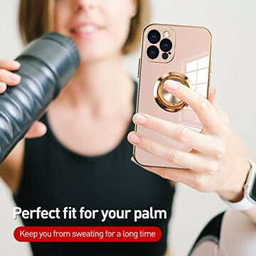 OOK Compatible with iPhone 13 Pro Case with Ring Holder Full Camera Lens Protection Plating Rose Gold Edge 360°Kickstand Slim Soft TPU Protective Case Cover for iPhone 13 Pro 6.1 Inch -Pink