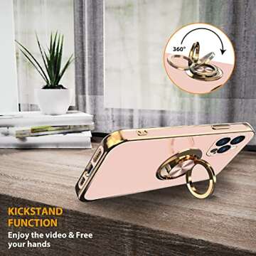 OOK Compatible with iPhone 13 Pro Case with Ring Holder Full Camera Lens Protection Plating Rose Gold Edge 360°Kickstand Slim Soft TPU Protective Case Cover for iPhone 13 Pro 6.1 Inch -Pink