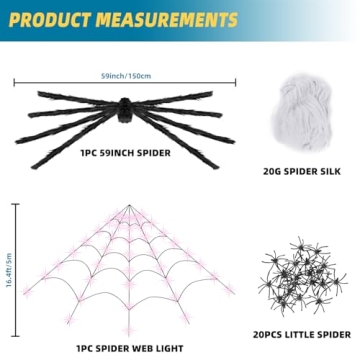 ININ 200" Halloween Light Up Spider Web with 250 LED Lights, 59" Giant Spider & Stretch Cobweb for Y...