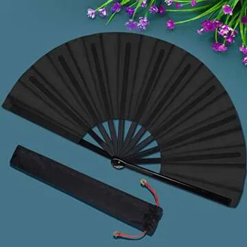 2 Packs Large Folding Hand Fan Handheld Folding Fans Chinese Tai Chi Folding Fan Nylon Cloth Chinese Kung Fu Fan with Holder Sleeve for Men and Women Performance Dance Decorations Festival (Black)