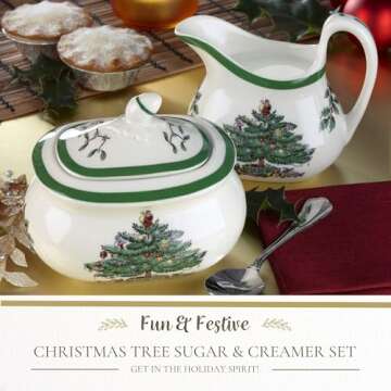 Spode Christmas Tree Sugar & Creamer Set - 16oz Sugar Bowl with Lid & 8oz Creamer - Fine Earthenware...