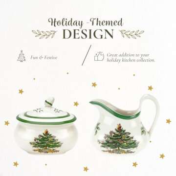 Spode Christmas Tree Sugar & Creamer Set - 16oz Sugar Bowl with Lid & 8oz Creamer - Fine Earthenware Holiday Tea & Coffee Serving Set - Dishwasher Safe Festive Tableware