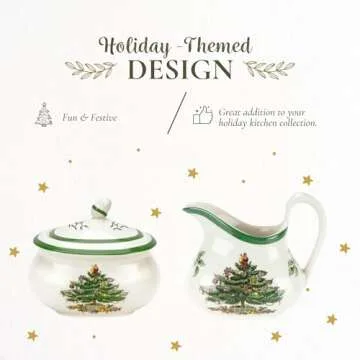 Spode Christmas Tree Sugar & Creamer Set - 16oz Sugar Bowl with Lid & 8oz Creamer - Fine Earthenware Holiday Tea & Coffee Serving Set - Dishwasher Safe Festive Tableware