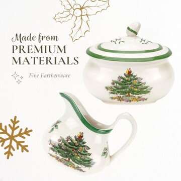 Spode Christmas Tree Sugar & Creamer Set - 16oz Sugar Bowl with Lid & 8oz Creamer - Fine Earthenware Holiday Tea & Coffee Serving Set - Dishwasher Safe Festive Tableware