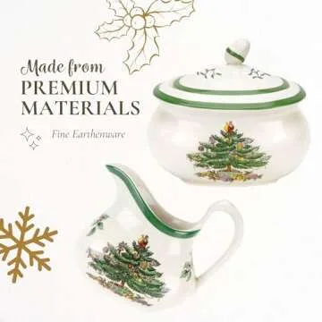 Spode Christmas Tree Sugar & Creamer Set - 16oz Sugar Bowl with Lid & 8oz Creamer - Fine Earthenware Holiday Tea & Coffee Serving Set - Dishwasher Safe Festive Tableware