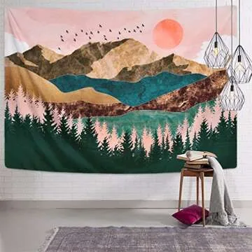 Krelymics Mountain Tapestry Forest Tree Tapestry Sunset Tapestry Nature Landscape Tapestry Wall Hanging for Room(51.2 x 59.1 inches)