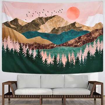 Krelymics Mountain Tapestry Forest Tree Tapestry Sunset Tapestry Nature Landscape Tapestry Wall Hanging for Room(51.2 x 59.1 inches)