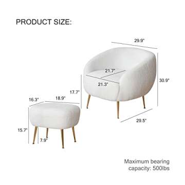 Kiztir Sherpa Accent Chair with Ottoman/Gold Legs, Modern Accent Chair for Living Room, Bedroom or Reception Room, White