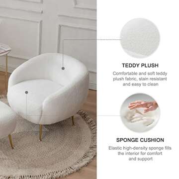 Kiztir Sherpa Accent Chair with Ottoman/Gold Legs, Modern Accent Chair for Living Room, Bedroom or Reception Room, White