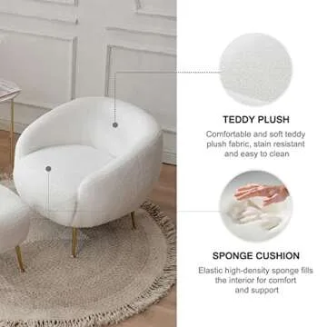 Kiztir Sherpa Accent Chair with Ottoman/Gold Legs, Modern Accent Chair for Living Room, Bedroom or Reception Room, White