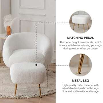 Kiztir Sherpa Accent Chair with Ottoman/Gold Legs, Modern Accent Chair for Living Room, Bedroom or Reception Room, White