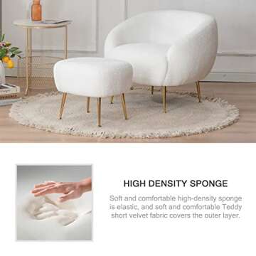 Kiztir Sherpa Accent Chair with Ottoman/Gold Legs, Modern Accent Chair for Living Room, Bedroom or Reception Room, White