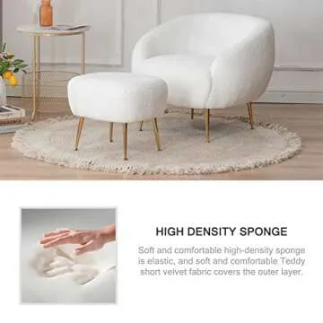 Kiztir Sherpa Accent Chair with Ottoman/Gold Legs, Modern Accent Chair for Living Room, Bedroom or Reception Room, White