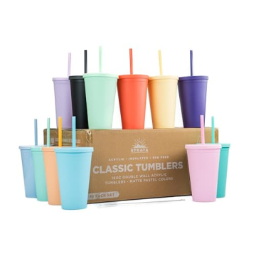 Colorful Tumblers with Lids - 12 Pack of 16oz Acrylic Cups