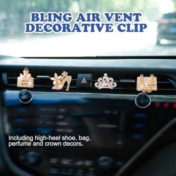Rislobx 4PCS Bling Car Air Freshener Vent Clip, Crystal Diamond High Heel Shoe Bag Crown Perfume Bottle Car Diffuser Vent Clip Cute Car Bling Accessories Decoration for women (Gold)