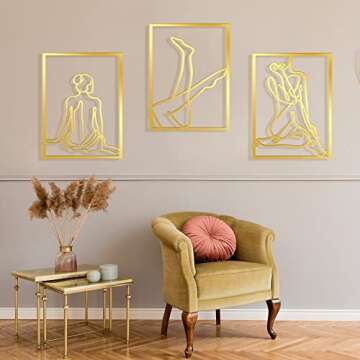Set of 3 Metal Wall Art Decor 15x12 Inch Modern Abstract Wall Art Minimalist Wall Decor Large Rustic Wall Sculptures Single Line Decor Accents Hanging Women's Body Outline Poster (Gold, Modern Style)