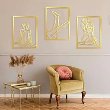 Set of 3 Metal Wall Art Decor 15x12 Inch Modern Abstract Wall Art Minimalist Wall Decor Large Rustic Wall Sculptures Single Line Decor Accents Hanging Women's Body Outline Poster (Gold, Modern Style)