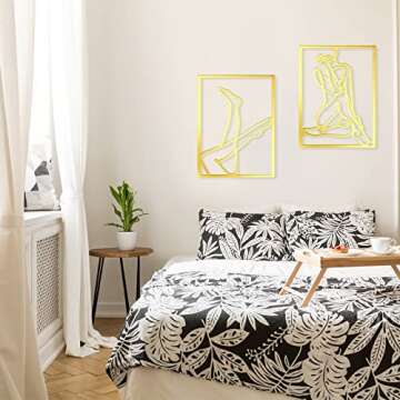 Set of 3 Metal Wall Art Decor 15x12 Inch Modern Abstract Wall Art Minimalist Wall Decor Large Rustic Wall Sculptures Single Line Decor Accents Hanging Women's Body Outline Poster (Gold, Modern Style)