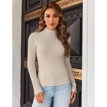 HOTOUCH Womens Turtleneck Sweater Beige Fitted Long Sleeve Tops Holiday Cute Knitted Shirt Lightweig...