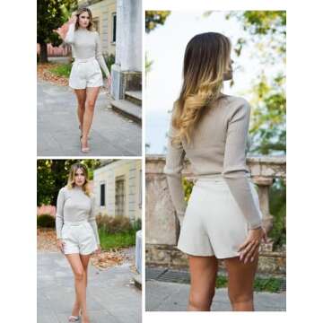 HOTOUCH Womens Turtleneck Sweater Beige Fitted Long Sleeve Tops Holiday Cute Knitted Shirt Lightweight Mock Neck Basic Layering Winter Sweaters for Women 2025 Trendy