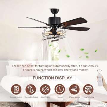 APBEAMLighting Industrial Caged Ceiling Fan Light with Remote Control 52 Inch Vintage Ceiling Fan Light Farmhouse Black Retro Indoor Fandelier with 5 Reversible Wood Blades for Living Room Bedroom