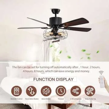 APBEAMLighting Industrial Caged Ceiling Fan Light with Remote Control 52 Inch Vintage Ceiling Fan Light Farmhouse Black Retro Indoor Fandelier with 5 Reversible Wood Blades for Living Room Bedroom