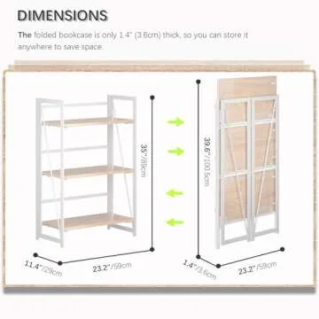 4NM 3 Tiers No-Assembly Bookshelf, Folding Bookcase Open Industrial Foldable Shelves for Bedroom, Li...
