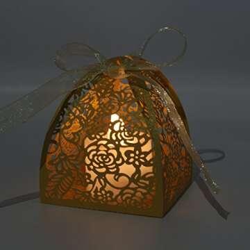 KPOSIYA Pack of 100 Laser Cut Rose Candy Boxes, Favor Boxes 2.5"x 2.5"x 3.1", Gift Boxes for Bridal Shower Anniverary Birthday Party Wedding Favor (100,Gold)