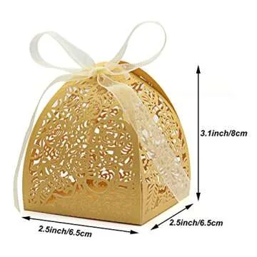 KPOSIYA Pack of 100 Laser Cut Rose Candy Boxes, Favor Boxes 2.5"x 2.5"x 3.1", Gift Boxes for Bridal Shower Anniverary Birthday Party Wedding Favor (100,Gold)