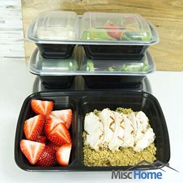 Misc Home [20 Pack] 32 Oz Two Compartment Meal Prep Containers BPA-Free [Black]