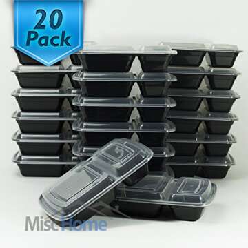 Misc Home [20 Pack] 32 Oz Two Compartment Meal Prep Containers BPA-Free [Black]