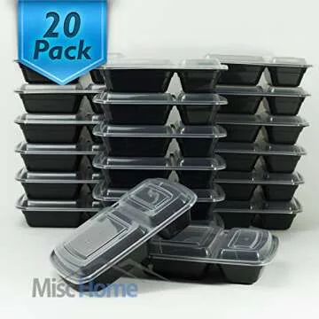 Misc Home [20 Pack] 32 Oz Two Compartment Meal Prep Containers BPA-Free [Black]