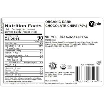 Yupik Organic Dark Chocolate Chips, 70% Cacao, Vegan, Gluten-Free, 2.2 lb (35.2 oz)