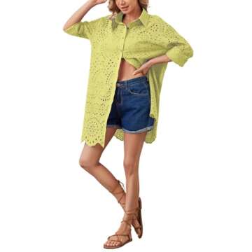 AIHUKOCY Women Hollow Out Eyelet Button Down Lapel V Neck Long Sleeve Ruffle Flowy Solid Oversized Loose Mini Shirt Dress Yellow