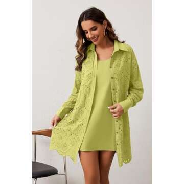 AIHUKOCY Women Hollow Out Eyelet Button Down Lapel V Neck Long Sleeve Ruffle Flowy Solid Oversized Loose Mini Shirt Dress Yellow