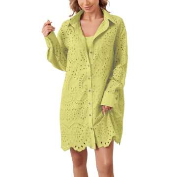 AIHUKOCY Women Hollow Out Eyelet Button Down Lapel V Neck Long Sleeve Ruffle Flowy Solid Oversized Loose Mini Shirt Dress Yellow