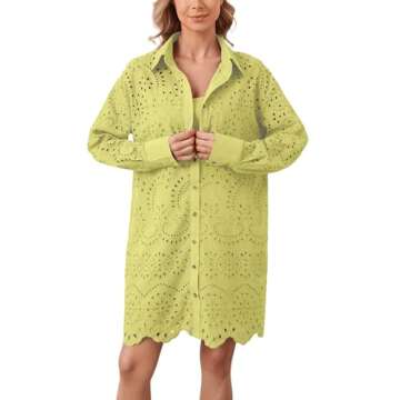 AIHUKOCY Women Hollow Out Eyelet Button Down Lapel V Neck Long Sleeve Ruffle Flowy Solid Oversized Loose Mini Shirt Dress Yellow