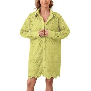 AIHUKOCY Women Hollow Out Eyelet Button Down Lapel V Neck Long Sleeve Ruffle Flowy Solid Oversized Loose Mini Shirt Dress Yellow