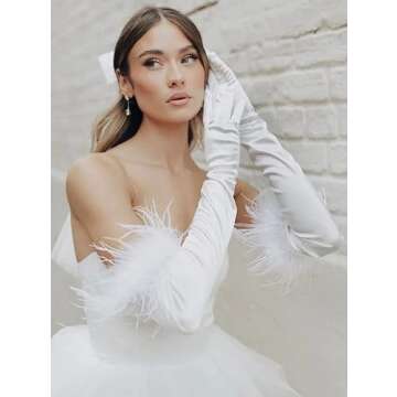 Aniler Women's Long Opera Party 1920s Satin Stretchy Elbow Length Gloves (Feather White)