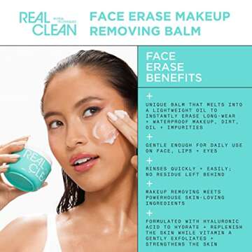 Real Techniques Real Clean Face Erase Makeup Removing Balm, Hydrating Makeup Cleansing Balm, Remove Stubborn Makeup, Hyaluronic Acid Moisturizes & Vitamin A Helps Exfoliate, 2 fl. oz Jar