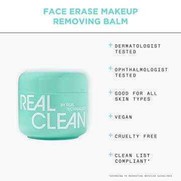 Real Techniques Real Clean Face Erase Makeup Removing Balm, Hydrating Makeup Cleansing Balm, Remove Stubborn Makeup, Hyaluronic Acid Moisturizes & Vitamin A Helps Exfoliate, 2 fl. oz Jar
