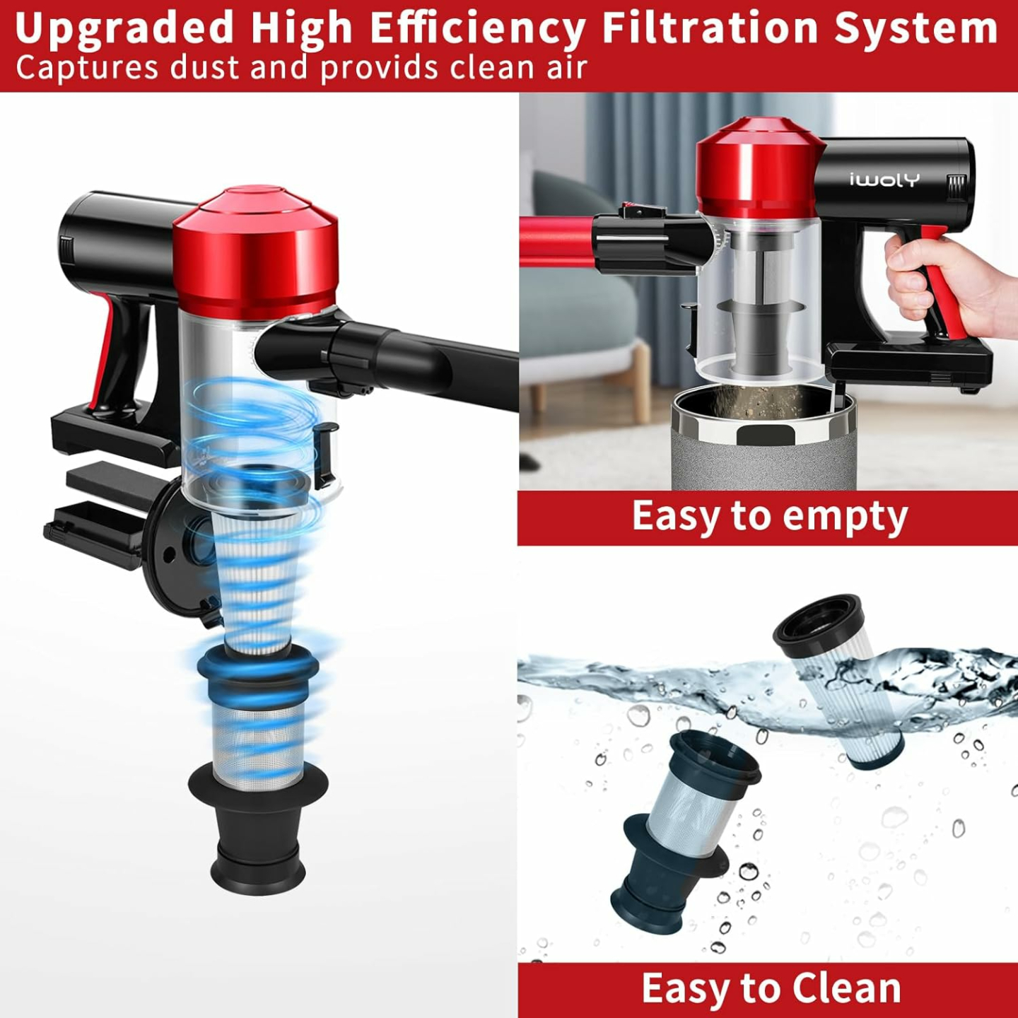 iwoly C150 Cordless Vacuum Cleaner Rechargeable with 2200mAh Detachable Battery, 18000Pa Cyclone Vacuum with HEPA Filter, Lightweight Portable Handheld Stick Vacuum for Hard Floor Car Cleaning