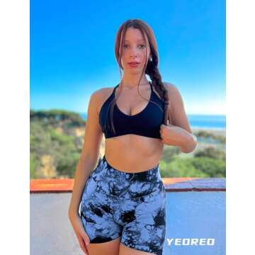 YEOREO Women High Waist Workout Yoga Gym Smile Contour Seamless Cycling Shorts Dark Blue M