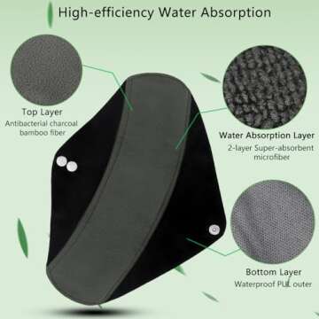 Reusable Bamboo Sanitary Towels Pads, TopDirect 8 Pack Medium & Large (9.06" & 11.02") Heavy Flow Night Pads Washable Cloth Menstrual Pad with Wet Bag for Women