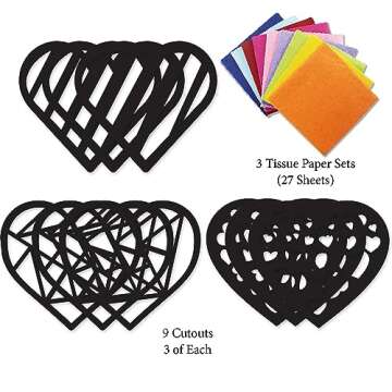 VHALE Suncatchers Craft 3 Sets (9 Cutouts) w Tissue Papers Stained Glass Effect Paper Sun Catcher Kit, Window Art, Classroom Crafts, Creative Art Projects, Kids Party Favors (Valentine Heart)