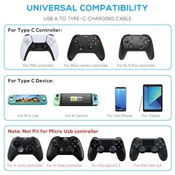 MENEEA 16.4FT Charger Charging Cable for PS5/ PS5 Pro/Xbox Series X/S Controller/for Switch Pro, Replacement USB Charging Cord Nylon Braided Type-C Ports Accessories for PS5/for Xbox Series X, Black