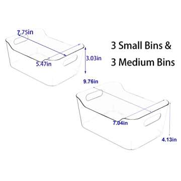 ZiiAid Set of Six Clear Storage Multi-Purpose Refrigerator Organizer Bins, Pantry Organizer, Stackable Food Storage Bins with Handles, for Kitchen, Fridge, Freezer, Cabinet, Pantry (3 Small&3 Medium)