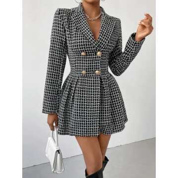 utcoco Women's 2024 Fall Plaid Tweed Dress Notched Lapel Double Breasted Elegant A Line Mini Jackie Dress (Medium, Black)