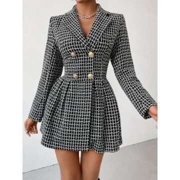 utcoco Women's 2024 Fall Plaid Tweed Dress Notched Lapel Double Breasted Elegant A Line Mini Jackie Dress (Medium, Black)