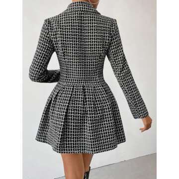 utcoco Women's 2024 Fall Plaid Tweed Dress Notched Lapel Double Breasted Elegant A Line Mini Jackie Dress (Medium, Black)